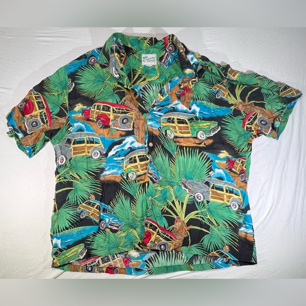 Vintage Diamond Head Mens Large Aloha Hawaiian Shirt Black Woody Cars Ocean